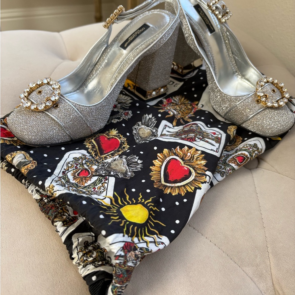 Dolce & Gabbana Silver Glitter Heels with Gold Buckle
